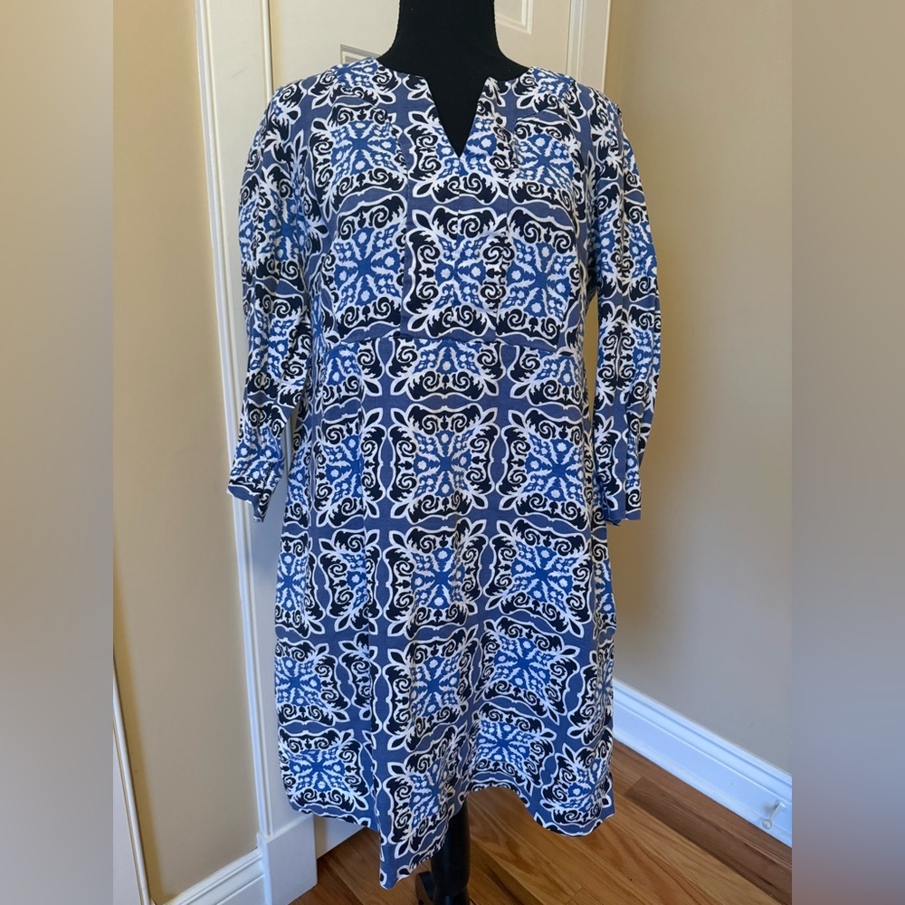 Boden 100% Linen Shift Dress Blue White Geometric Print 3/4 Sleeve Womens Sz 12R
